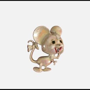 Vintage Enameled Mouse Pin Luster White Brooch
